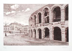 Schiavo: Acquaforte: Arena di Verona - cm 35x50 seppia