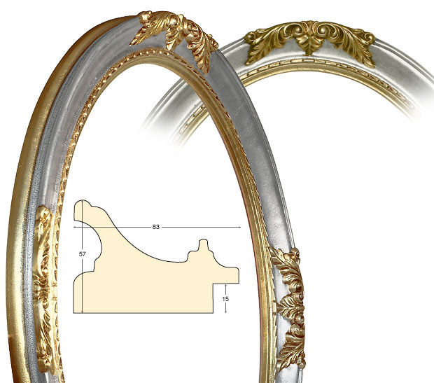 Ramă ovală decorată argintie cu decorațiuni aurii 60x80 cm