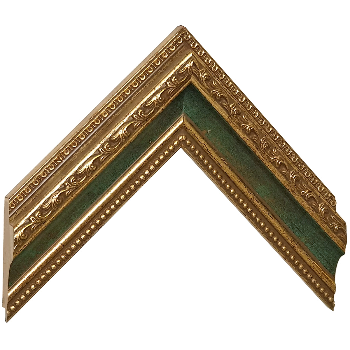 Profil pin îmbinat Înălț.35 mm Lăț.53 - auriu, canelură verde, decoraț - Mostră